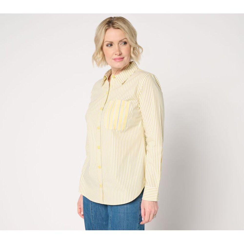 SUNNYLiFE Women's Top Sz XS Cotton Button Front Mixed Stripe Shirt Yellow